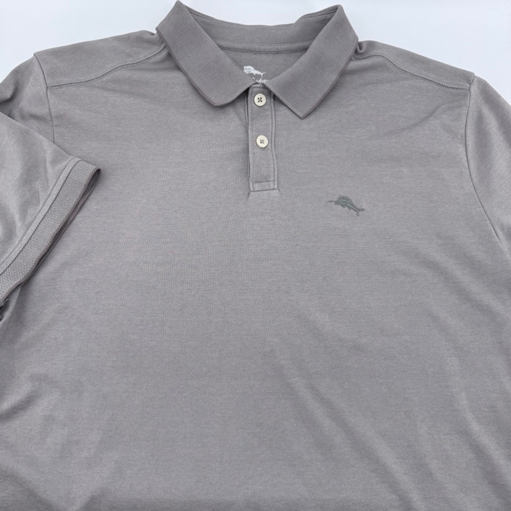 Tommy‎ Bahama Mens XL Gray Short Sleeve Polo Shirt Marlin Logo Pique Collar